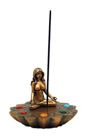 Bronze Colored Chakra Stone Incense Burner with Woman Meditating