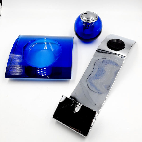 Blue glass ashtray with round glass lighter and stand