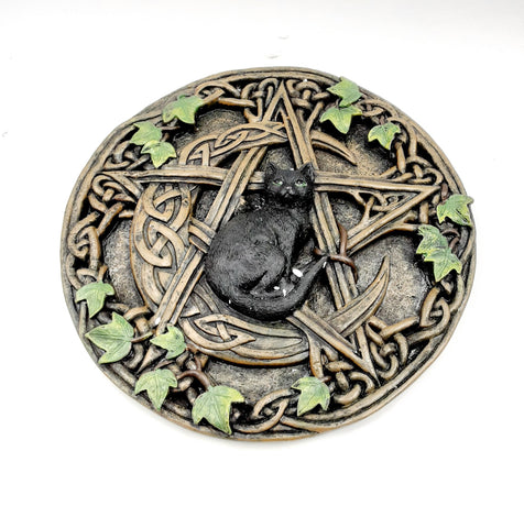 Black Cat Pentagram with Crescent Moon, Ivy & Celtic Knots Wall Plaque 7 1/2"
