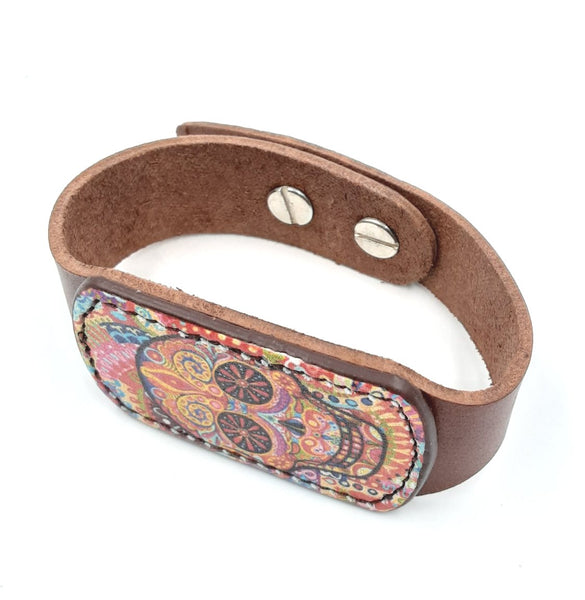 Day of the Dead Leather bracelete 9"