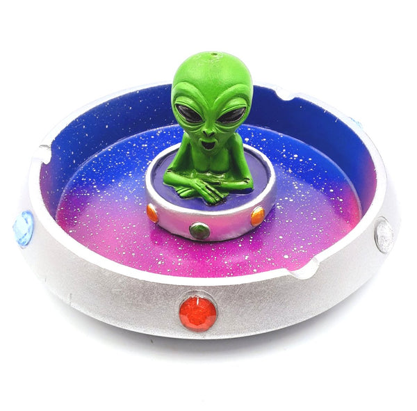4 Inch Alien in Flying Saucer Smoking Ashtray Multicolor