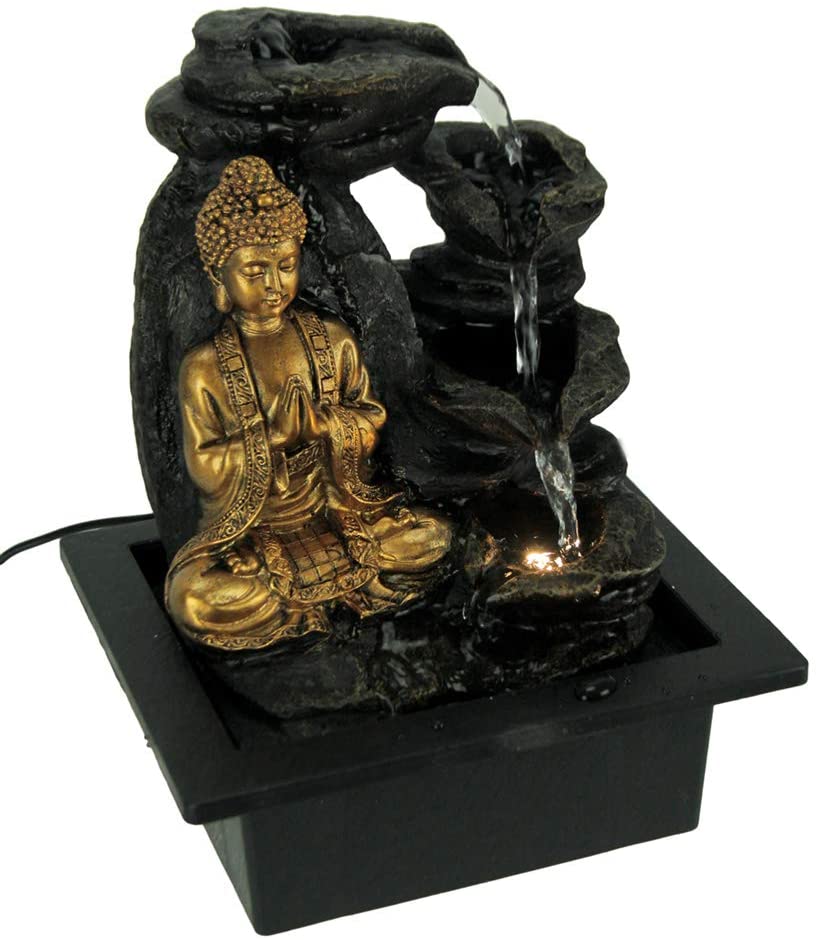 Buddha Greeting and Teaching White LED Lighted Tabletop Fountain