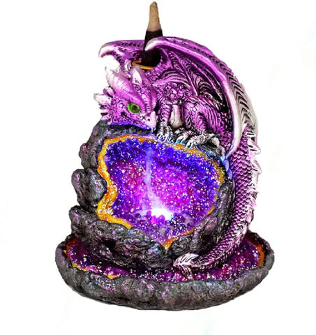 Purple Baby Dragon Backflow Cone Incense Burner Protecting Light Up Geode 6"