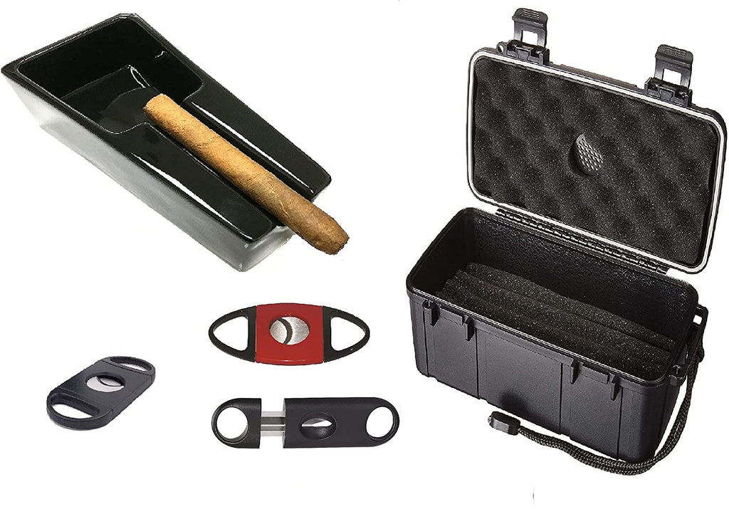 FESS Products F15 Gift Set Holds up to 15ct Travel Cigar Humidor Waterproof Holder Case with Cigar Ashtray 3 PC Cutter Combo Set (F15-SingleCigarCeramic Ashtray Set)