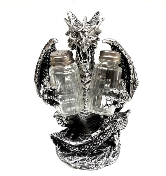 Dragon Salt and Pepper Shaker Set with Holder Figurine for Kitchen Table Decor Medieval